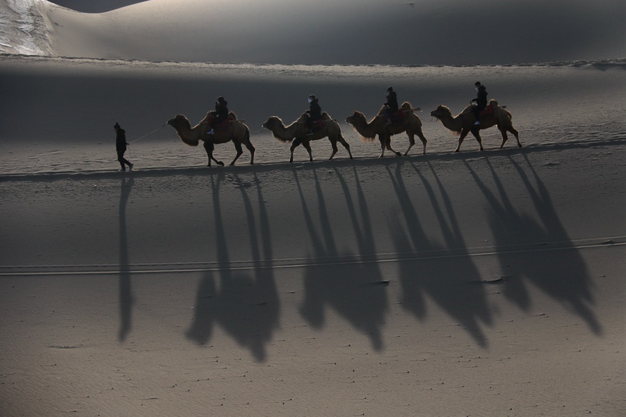 游客在鸣沙山月牙泉景区乘骑骆驼游览。张晓亮摄