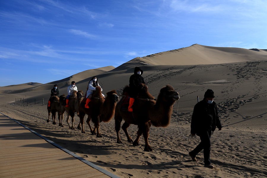 游客在鸣沙山月牙泉景区乘骑骆驼游览。张晓亮摄