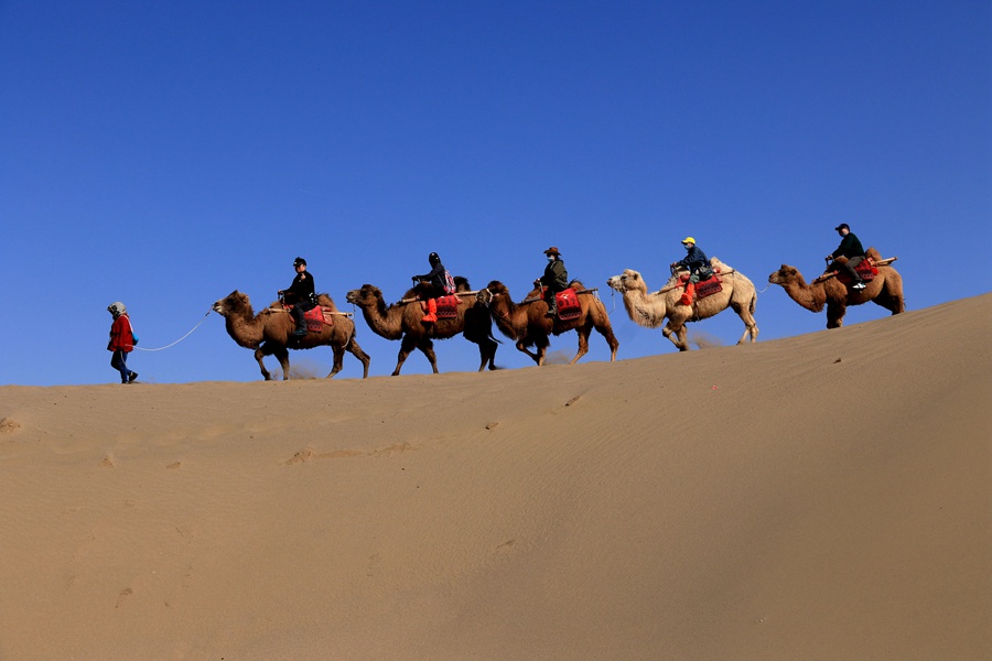 2023年3月8日，游客在甘肅省敦煌市鳴沙山月牙泉景區游覽。張曉亮攝